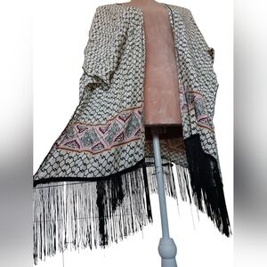 Anthropologie Roffe~ Bonita Fringe Kimono Wrap • Neutral Black/White OS